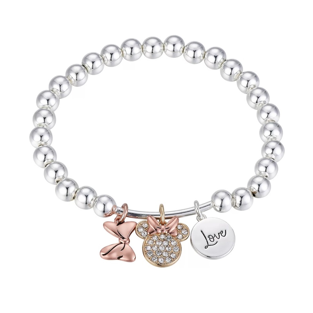 Disney's Minnie Mouse Tri-Tone Crystal "Love" Multi Charm Stretch Bracelet